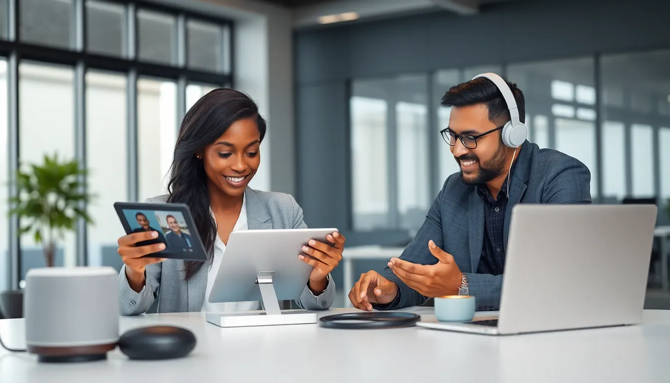 diverse professionals in a modern office communicating through tech devices.