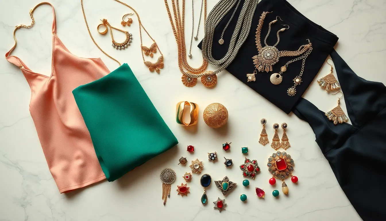 trendy jewelry pieces including chunky rings and layered necklaces.