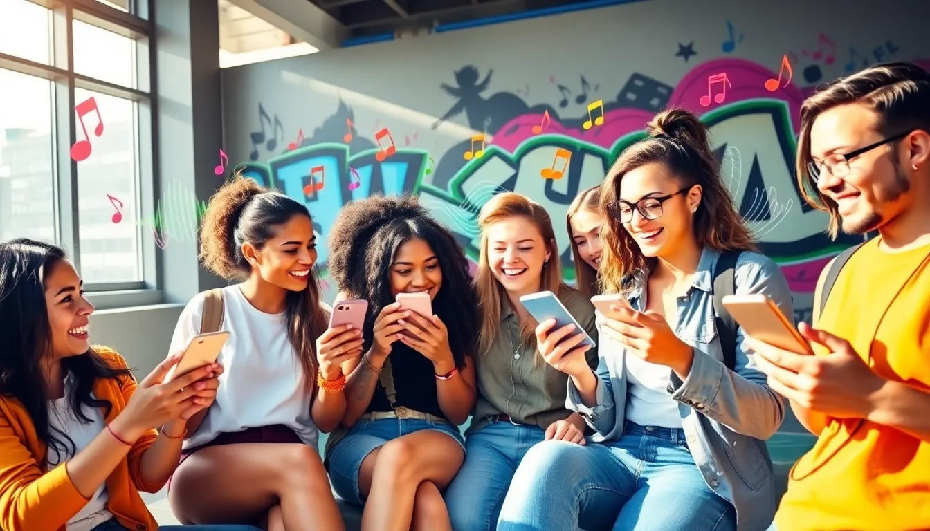 diverse group enjoying music and sharing on Instagram.