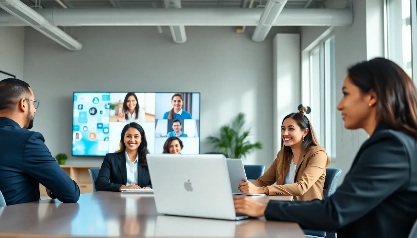diverse professionals in a video call in a modern office.