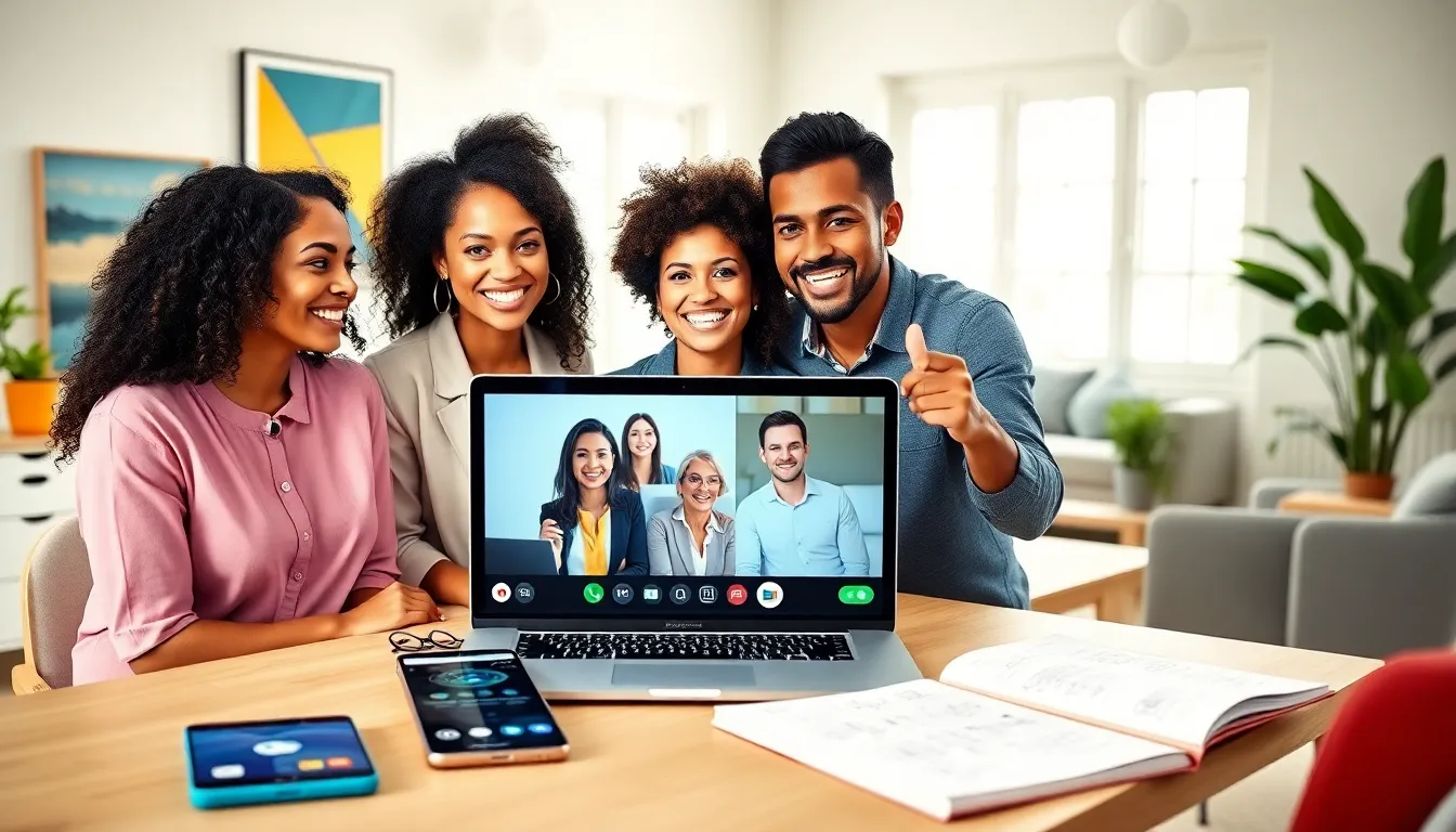 diverse professionals having a video call in a modern home office.