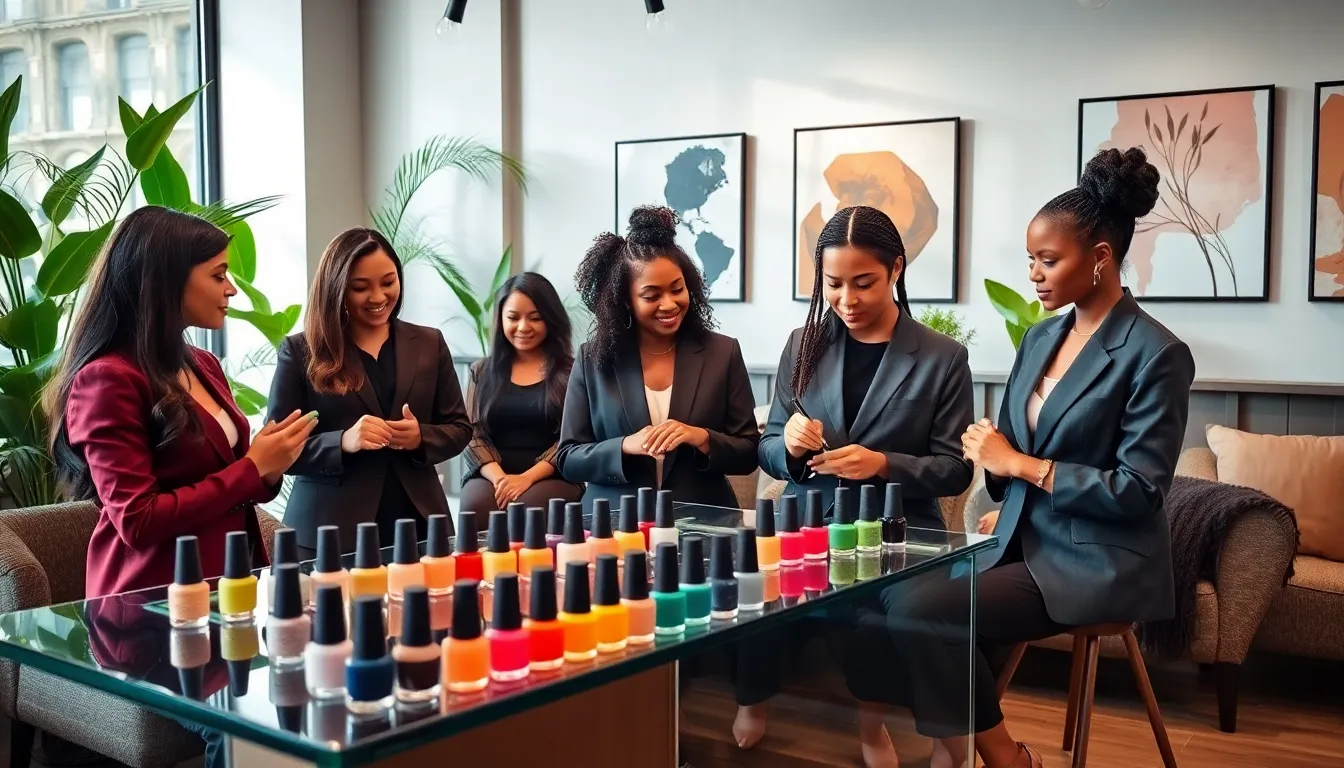 diverse clients and technician exploring trendy nail colors in a modern salon.