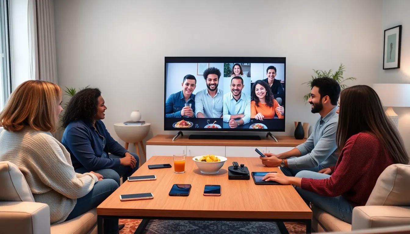 family enjoying a video call in a modern living room.