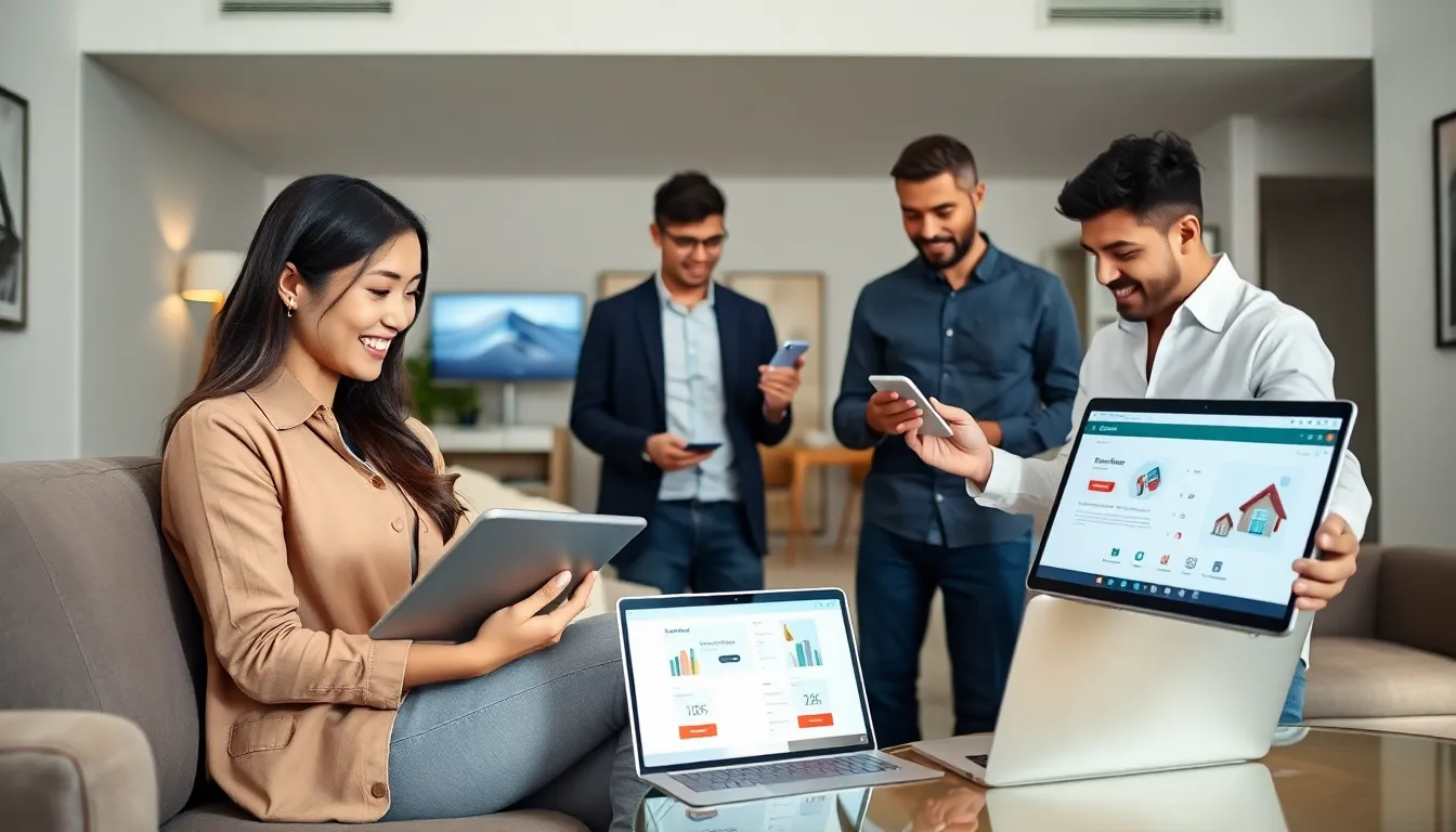 diverse group using technology in a modern living room.